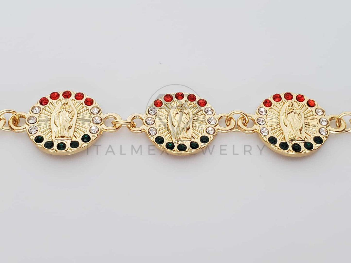 Pulsera Elegante - 100219 - Diseño de Moneda de la Virgen de Guadalupe Con CZ Tricolor Oro Laminado 18K