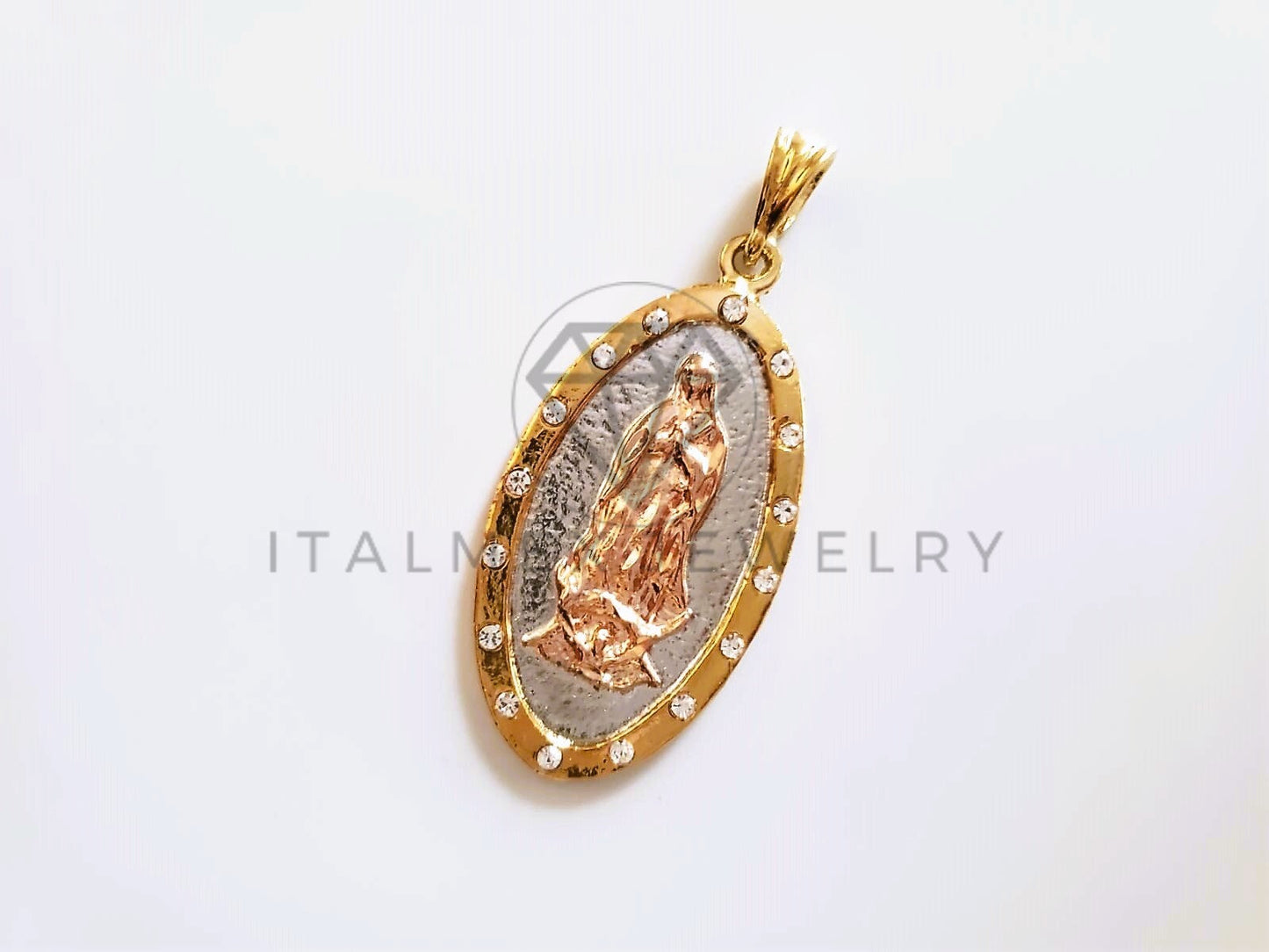 Dije Elegante - 104147 - Medalla de Virgen Circonia Tricolor Oro Laminado 18K