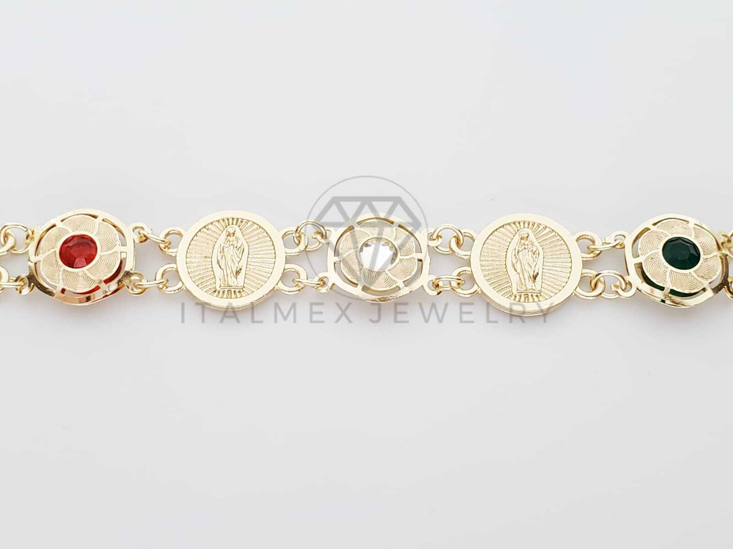 Pulsera de Lujo - 100242 - Diseño de Moneda de la Virgen de Guadalupe Con CZ Biselada Tricolor Oro Laminado 18K
