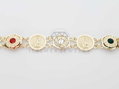 Pulsera de Lujo - 100242 - Diseño de Moneda de la Virgen de Guadalupe Con CZ Biselada Tricolor Oro Laminado 18K