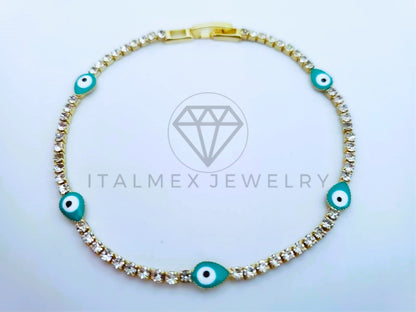 Pulsera Elegante - 103579 - Pulsera Tira CZ Clara y Ojo Turco Azul Oro Laminado 18K