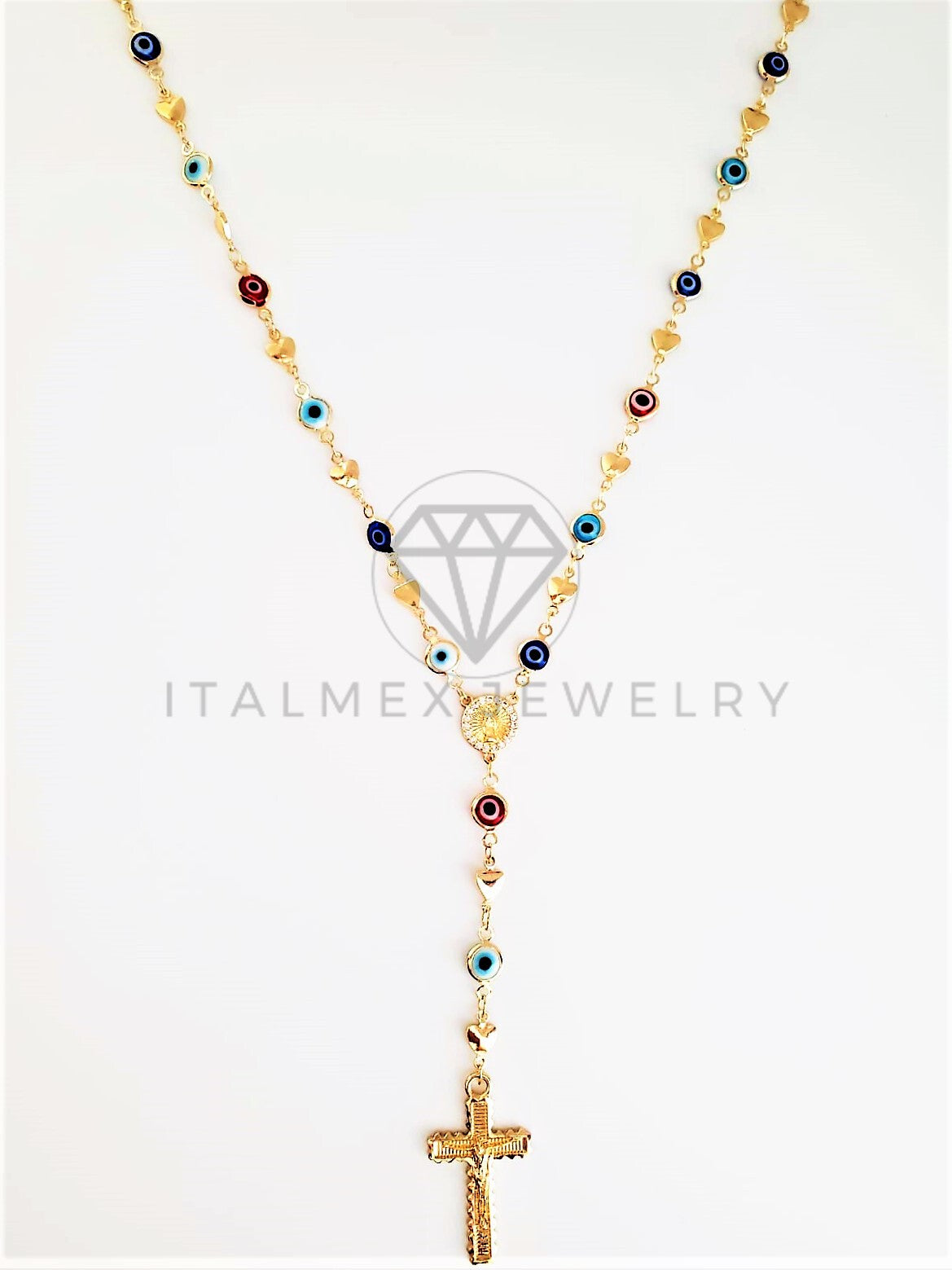 Rosario de Lujo - 103108 - Estilo Ojo Turco con Medalla Virgen y Corazón Oro Laminado 18K