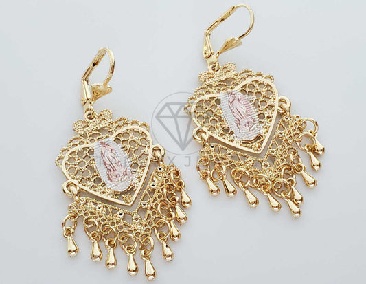 Arete de Lujo - 100279 - Arete Largo Filigrana Virgen 3 Oros Oro Laminado 18K