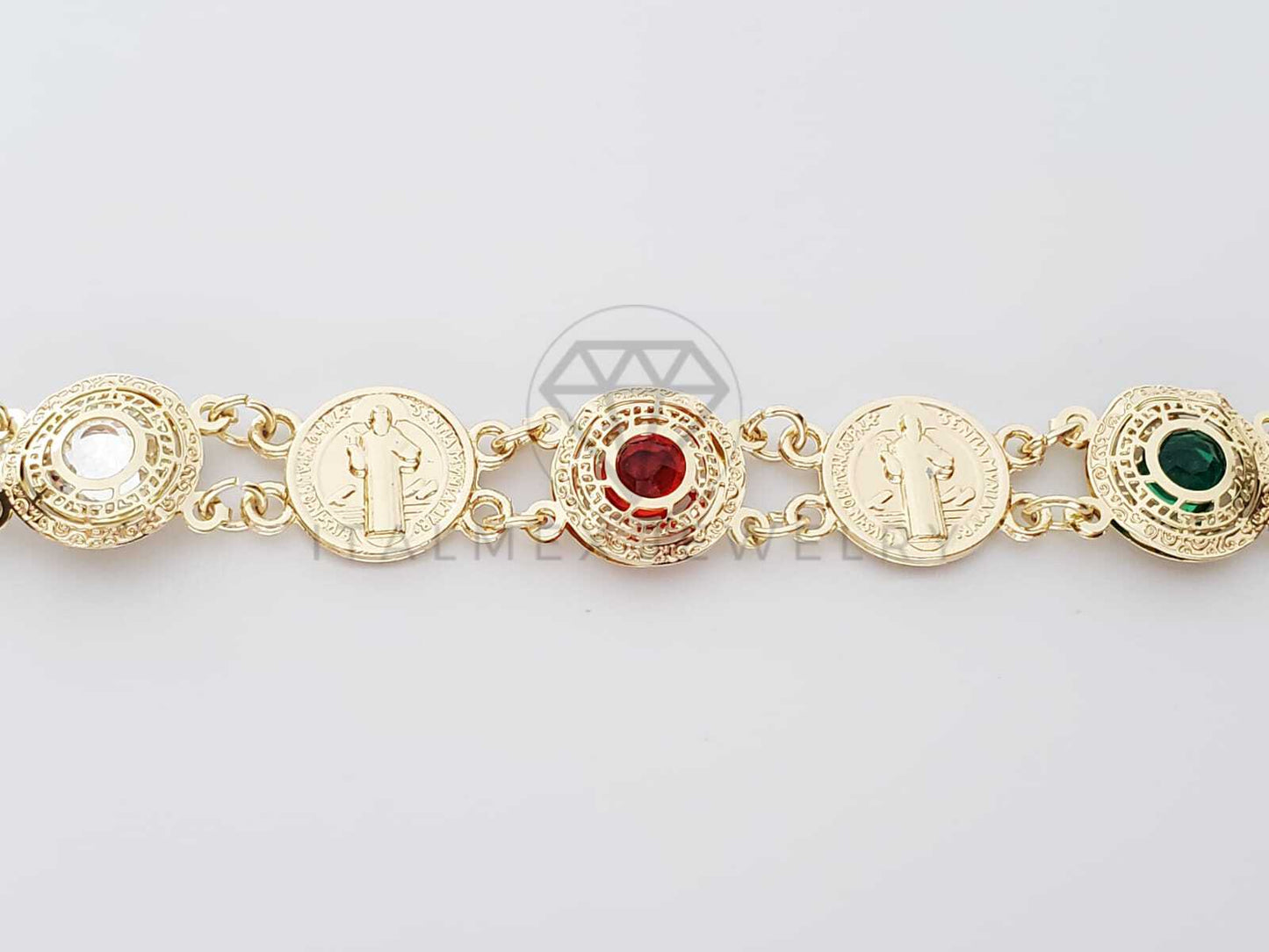 Pulsera de Lujo - 100171 - Diseño de Moneda de San Benito con CZ de Colores Tricolor Oro Laminado 18K