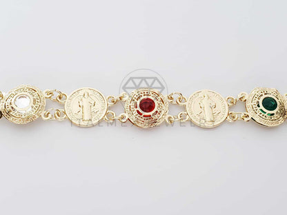 Pulsera de Lujo - 100171 - Diseño de Moneda de San Benito con CZ de Colores Tricolor Oro Laminado 18K