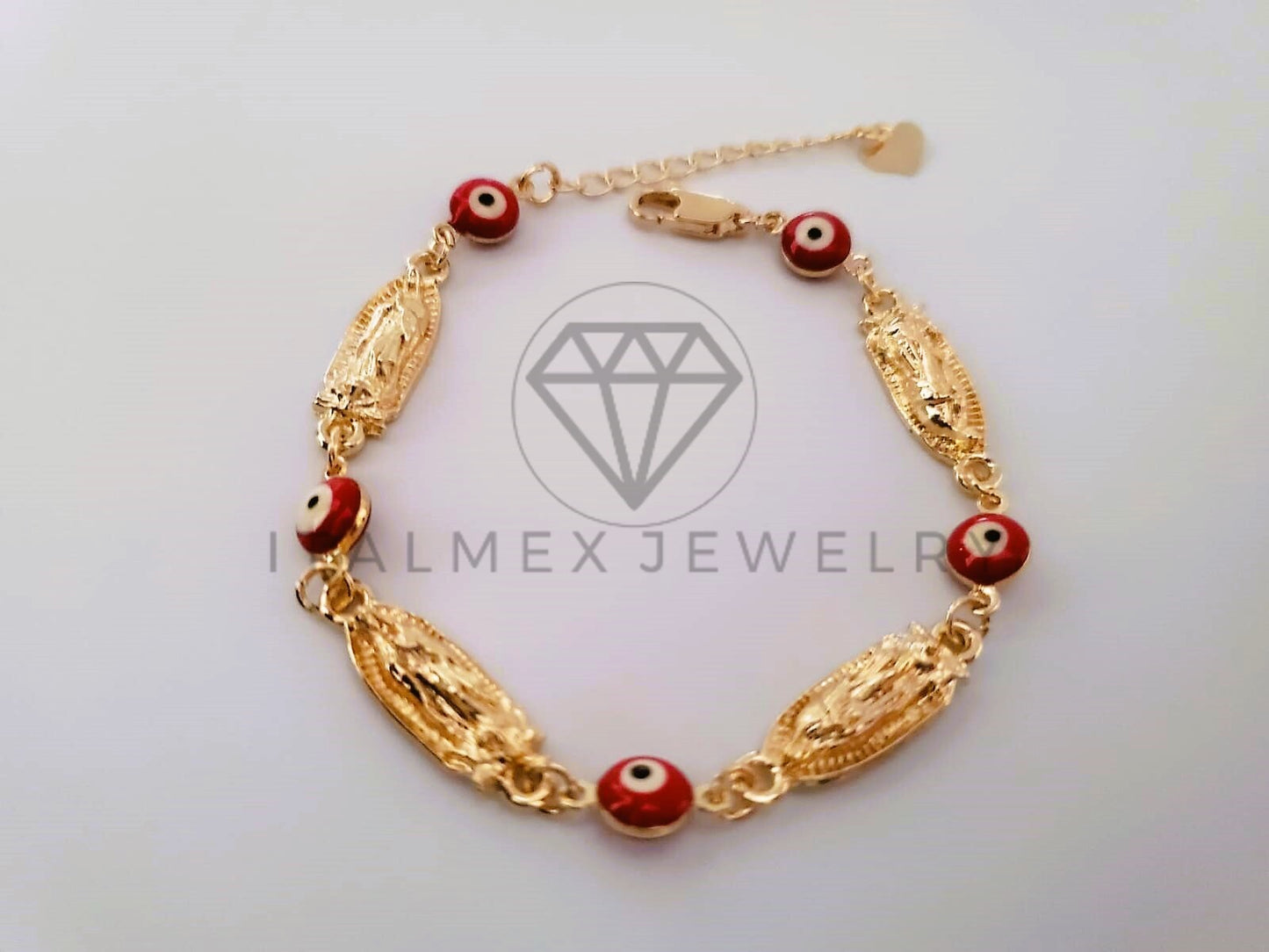 Pulsera Elegante - 104490 - Pulsera Virgen Guadalupe y Ojo Turco Rojo Oro Laminado 18K