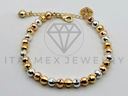 Pulsera de Lujo - 105546 - Bolitas Diamantadas con Corazón y Circonia Oro Laminado 18K