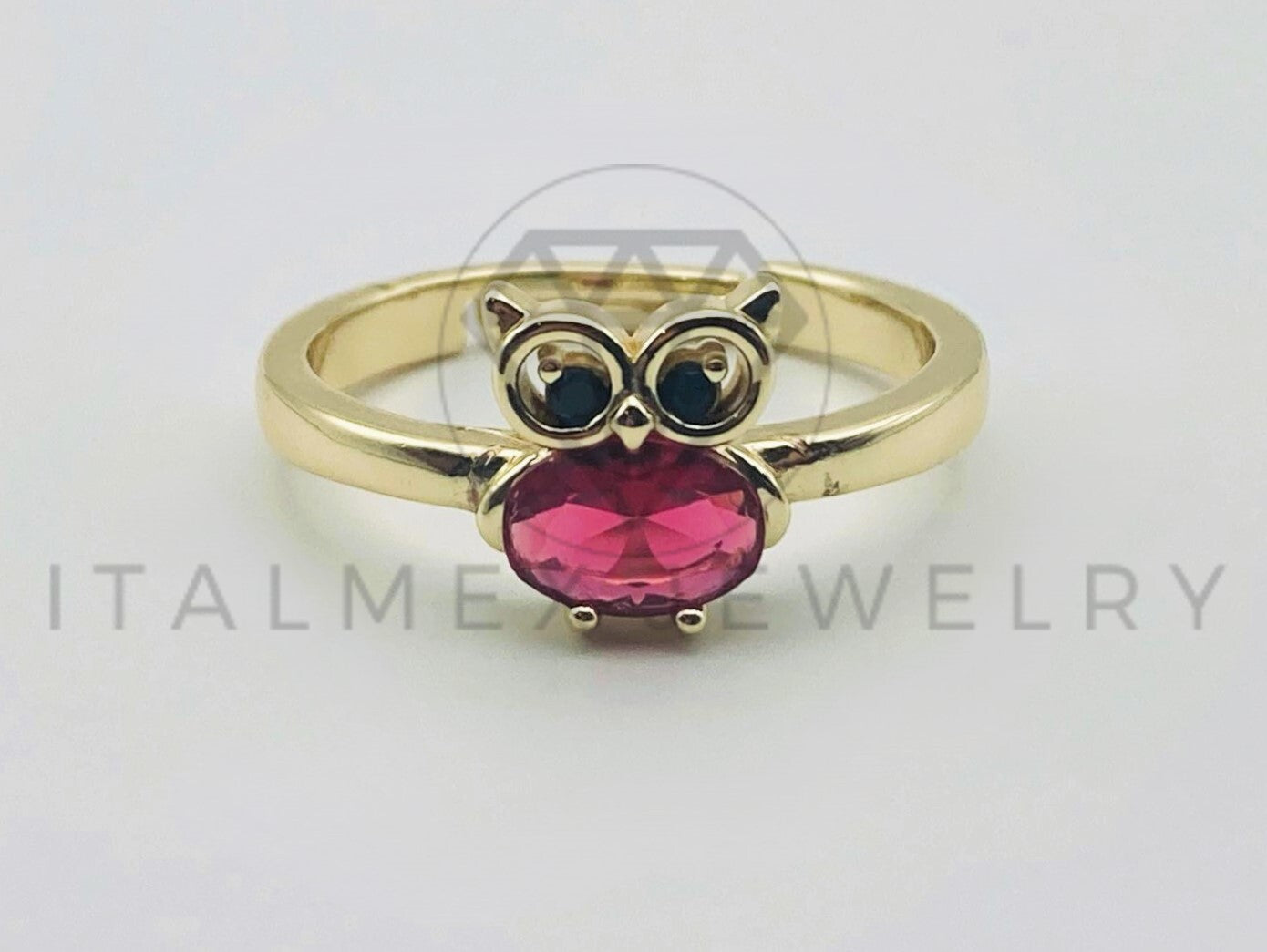 Anillo de Dama - 105553 - Diseño Buho Circonia Roja Oro Laminado 18K