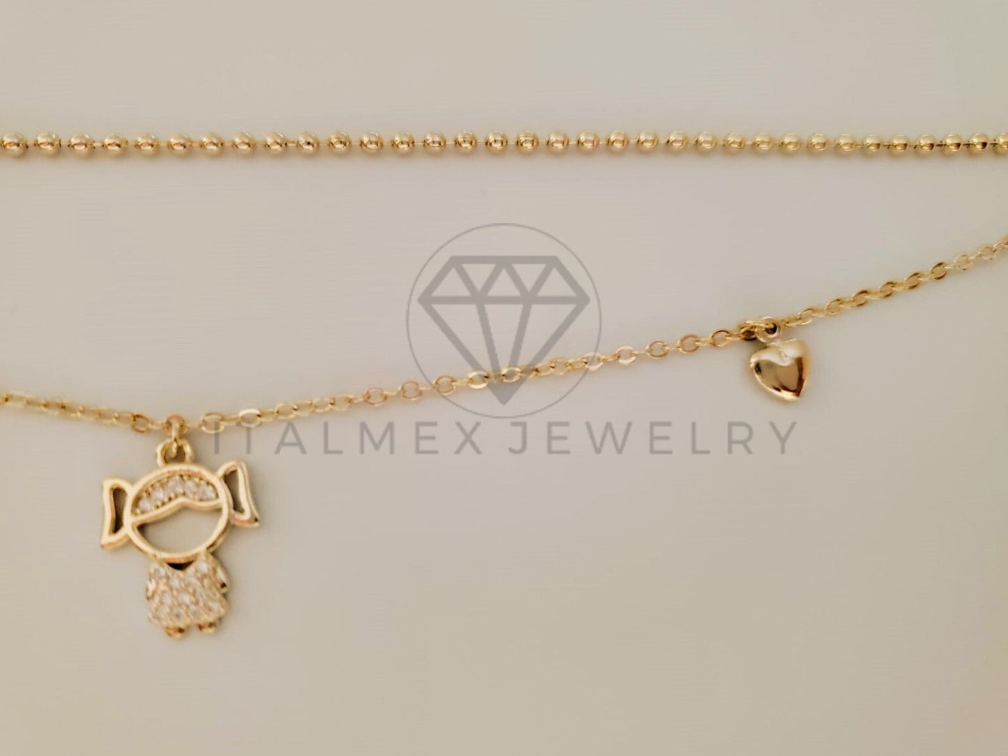 Tobillera de Lujo - 104902 - Diseño Niña y Corazon Circonia Clara Oro Laminado 18K