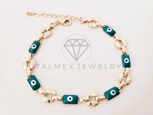 Pulsera de Lujo - 105282 - Pulsera Eslabon Italiano y Ojo Turco Azul Oro Laminado 18K