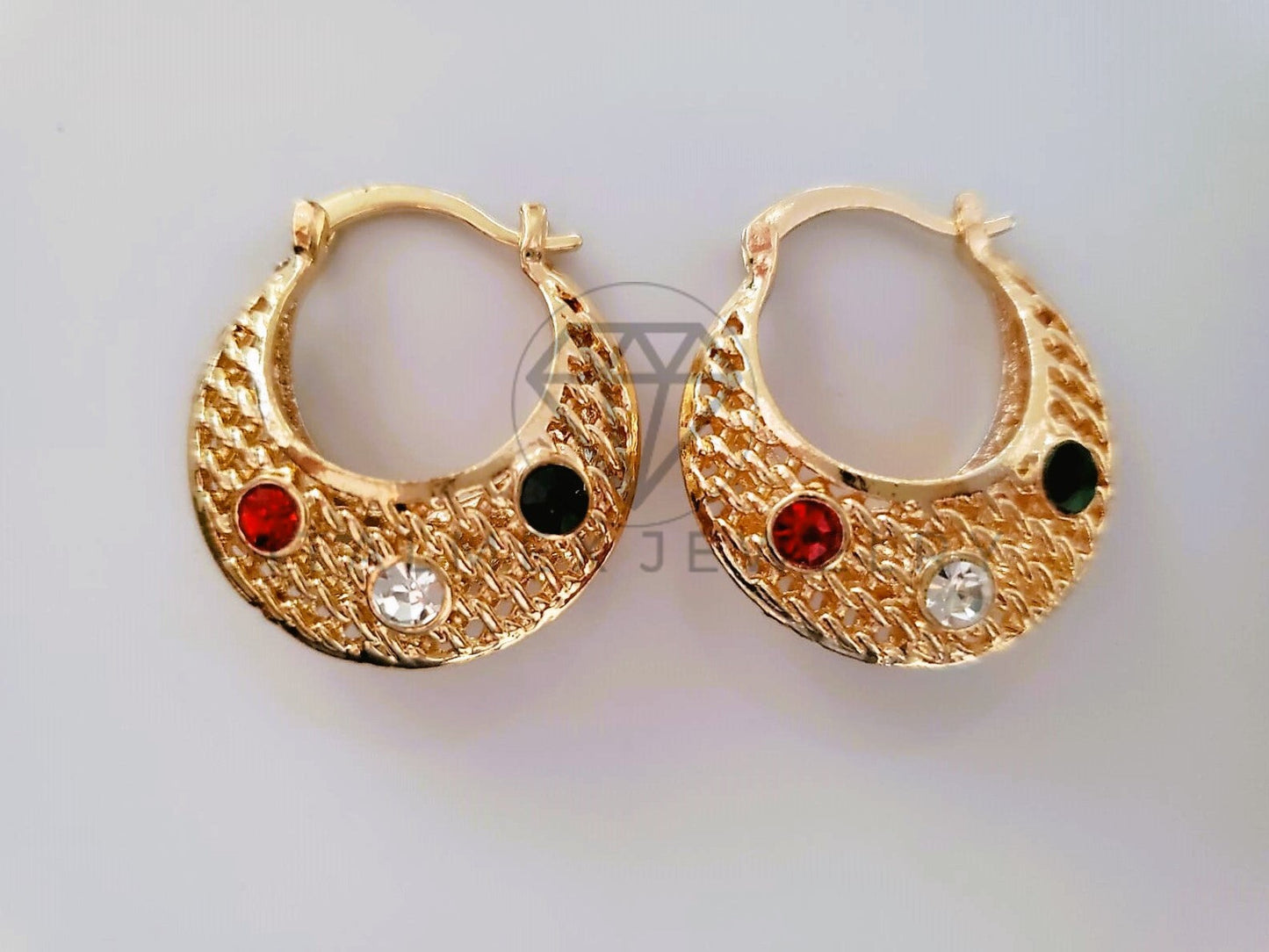 Arete Elegante - 104653 - Estilo Canasta Malla CZ Tricolor Oro Laminado 18K