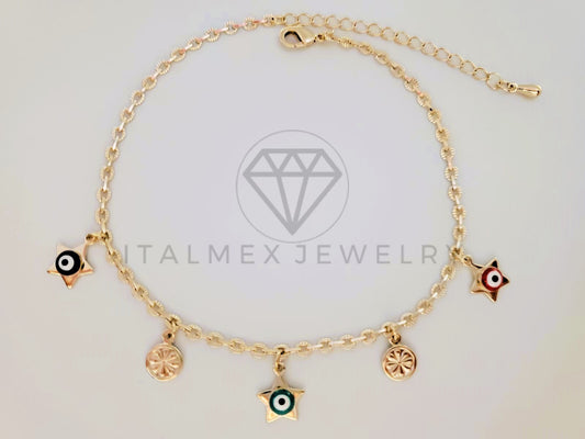 Tobillera de Lujo - 105324 - Tobillera Ancla con Ojo Turco y Estrellas Colores Oro Laminado 18K
