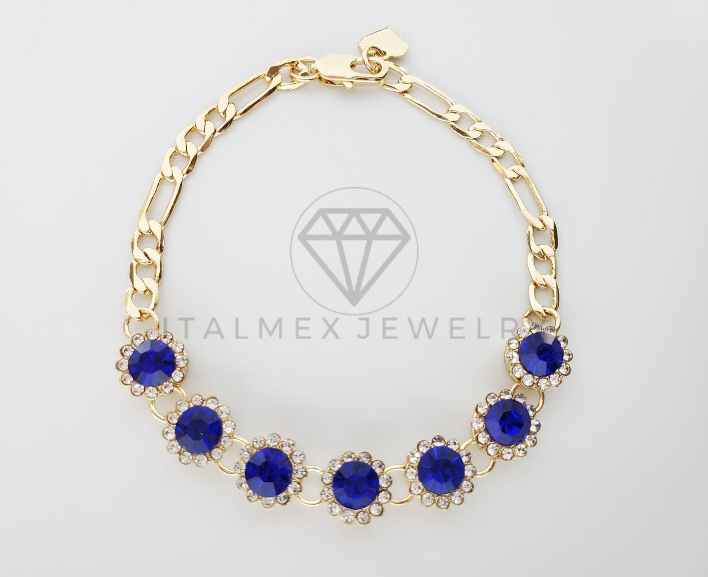 Pulsera de Lujo - 100258 - Diseño de CZ Redonda Color Azul Oro Laminado 18K