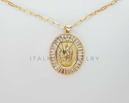 Collar Elegante - 101573 - Collar Medalla Virgen Guadalupe CZ Clara Oro Laminado 18K