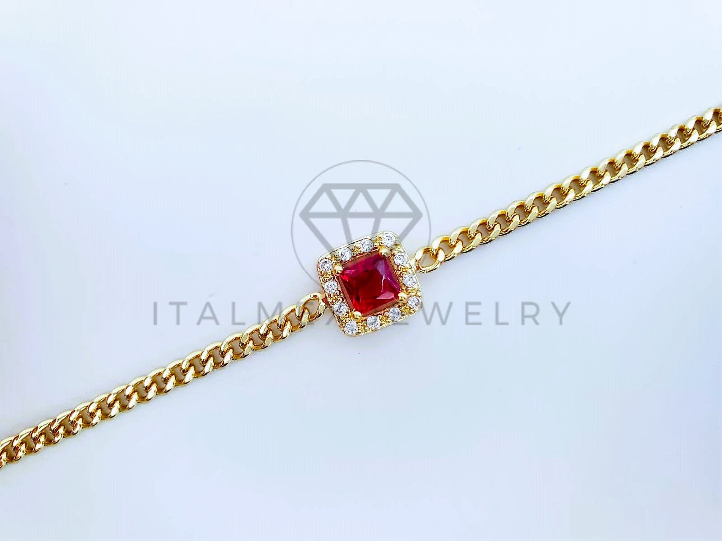 Pulsera Elegante - 103593 - Pulsera Cadena Cubana CZ Roja Oro Laminado 18K
