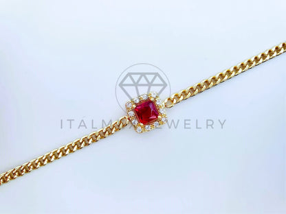 Pulsera Elegante - 103593 - Pulsera Cadena Cubana CZ Roja Oro Laminado 18K