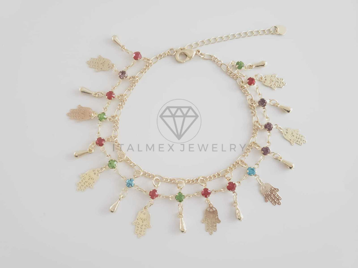 Tobillera Ajustable - 102699 - Diseño de Mano Hamsa con CZ Colores Oro Laminado 18K