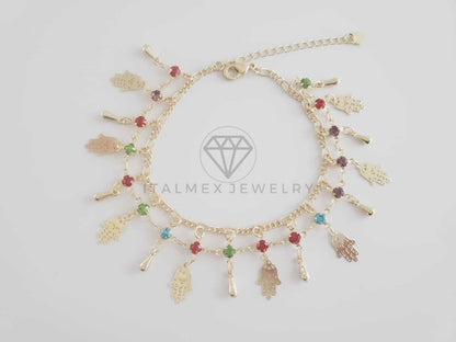 Tobillera Ajustable - 102699 - Diseño de Mano Hamsa con CZ Colores Oro Laminado 18K