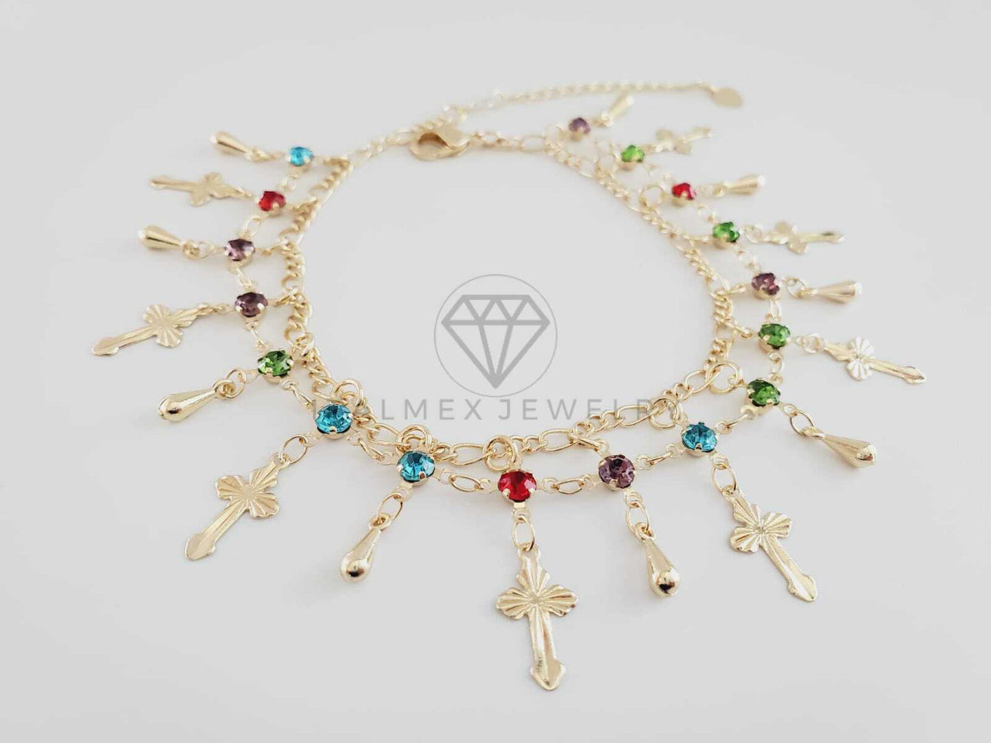 Tobillera Ajustable - 102718 - Diseño de Cruz y CZ Colores Oro Laminado 18K
