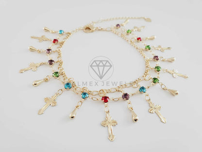 Tobillera Ajustable - 102718 - Diseño de Cruz y CZ Colores Oro Laminado 18K