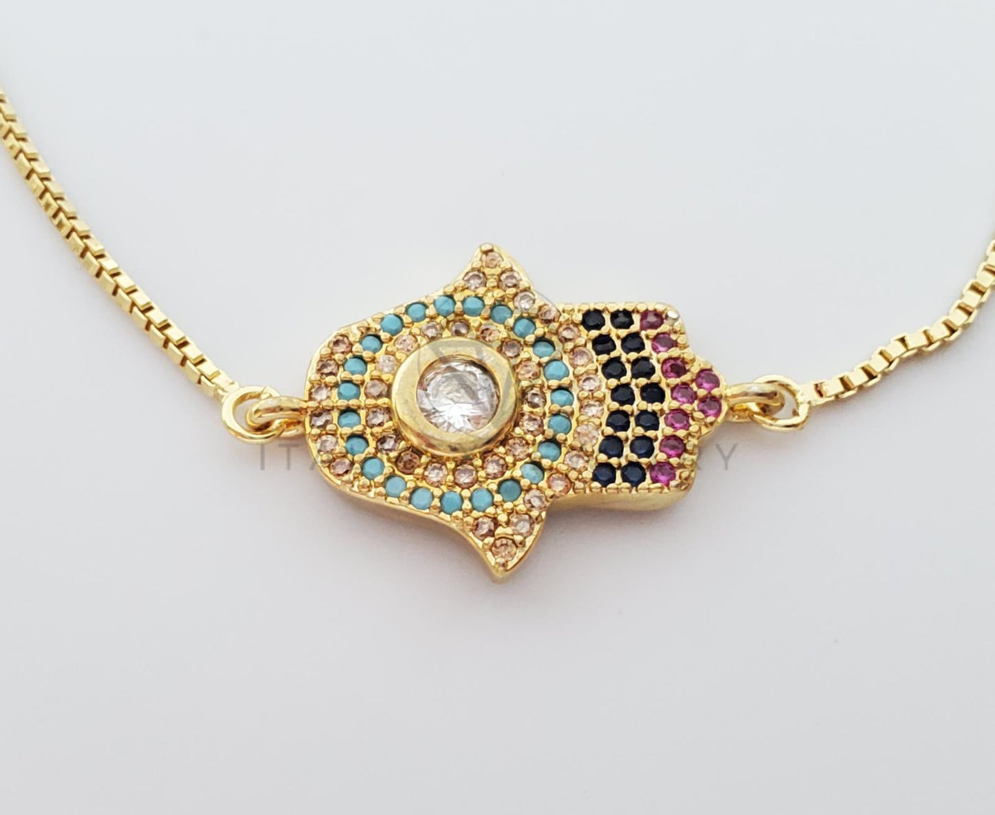 Pulsera Ajustable - 100348 - Diseño de Mano Hamsa CZ Colores Oro Laminado 18K