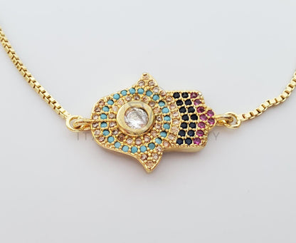 Pulsera Ajustable - 100348 - Diseño de Mano Hamsa CZ Colores Oro Laminado 18K