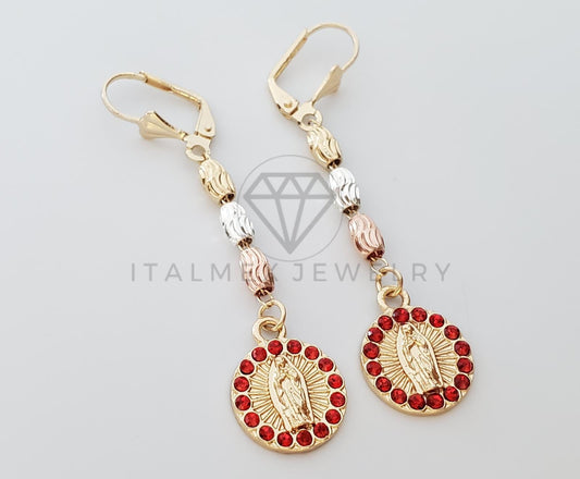 Arete de Lujo - 100765 - Arete Largo diseño de Rosario Virgen CZ Roja Oro Laminado 18K
