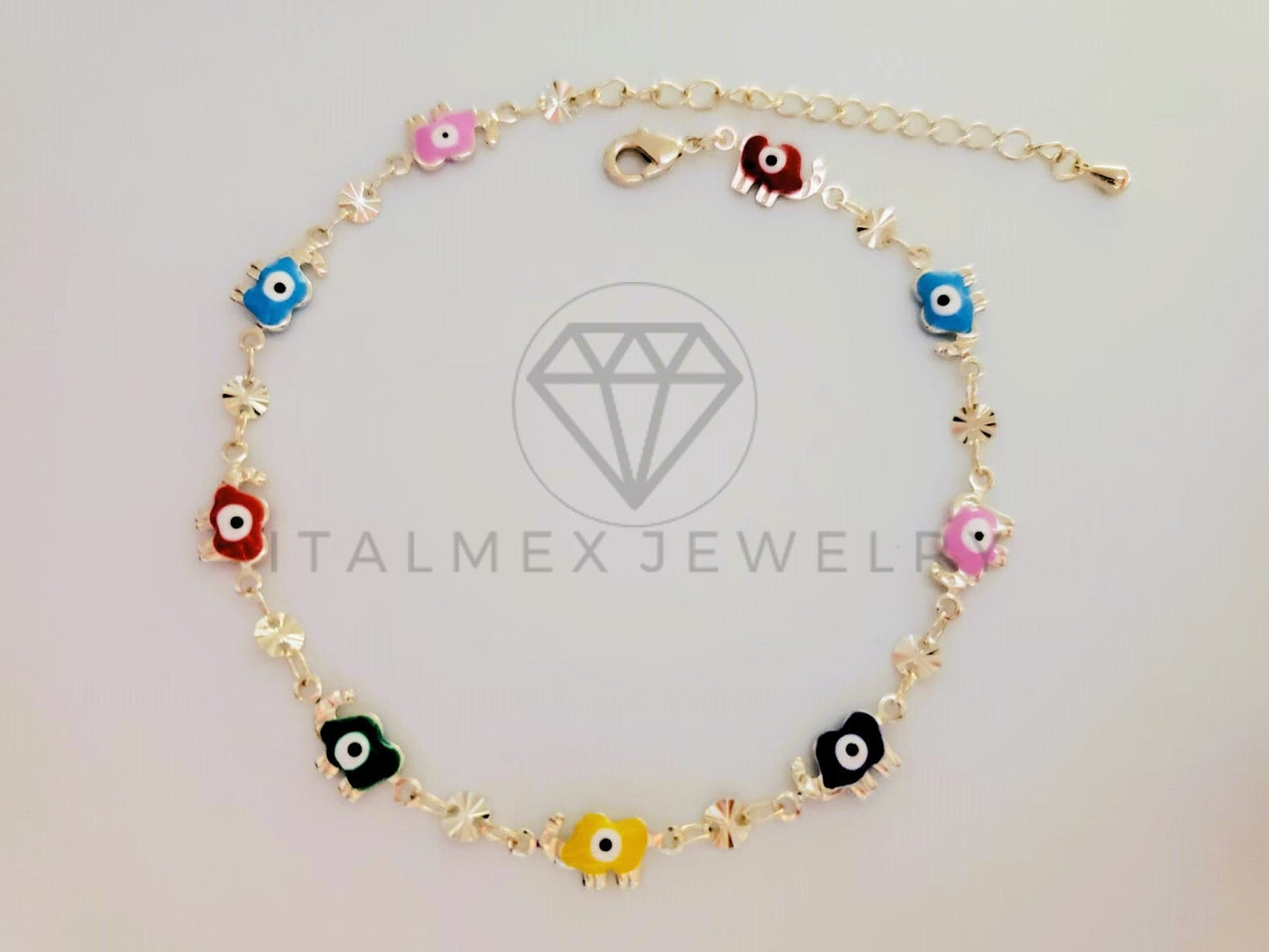 Tobillera de Lujo - 105326 - Tobillera Elefantes y Ojo turco Colores Oro Laminado 18K