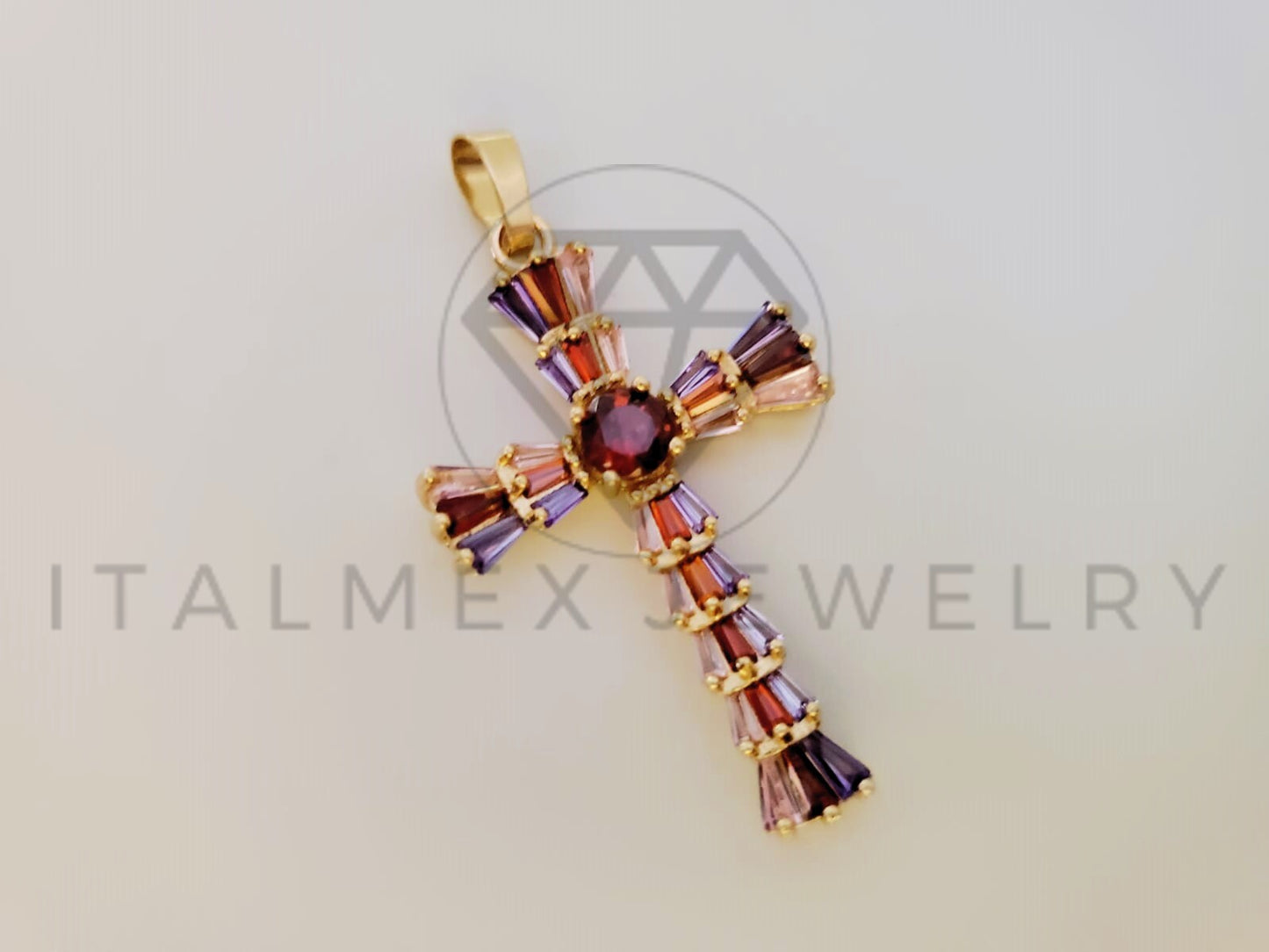 Dije de Lujo - 105122 - Dije Cruz con Circonia Colores Oro Laminado 18K