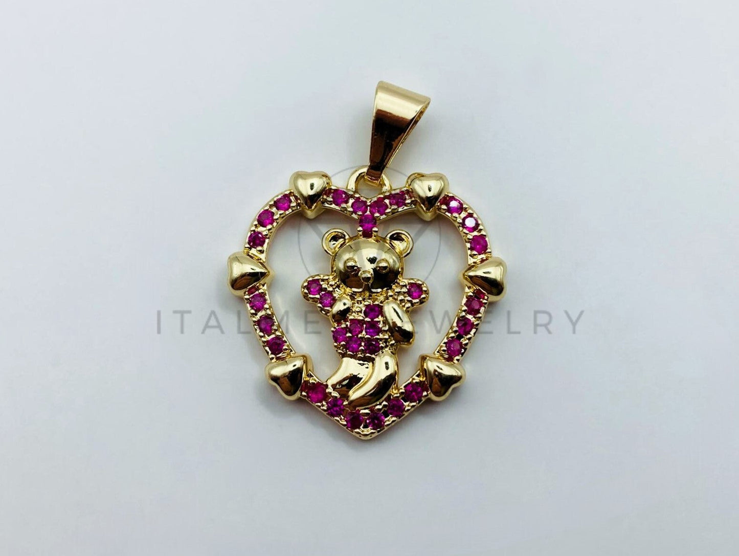 Dije de Lujo - 105732 - Dije Corazon Oso Circonia Rosa Oro Laminado 18K