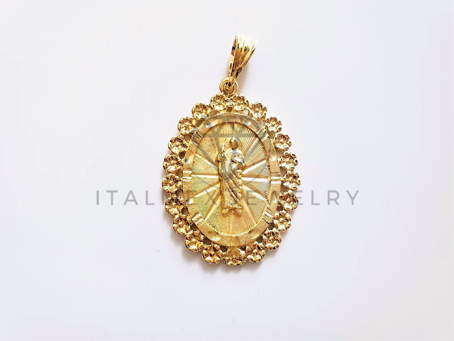 Dije Religioso - 104189 - Medalla Diamantada San Judas Bisel Flores Oro Laminado 18K