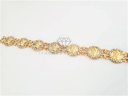 Pulsera de Lujo - 102845 - Diseño de Moneda de la Virgen de Guadalupe Con CZ Clara Oro Laminado 18K