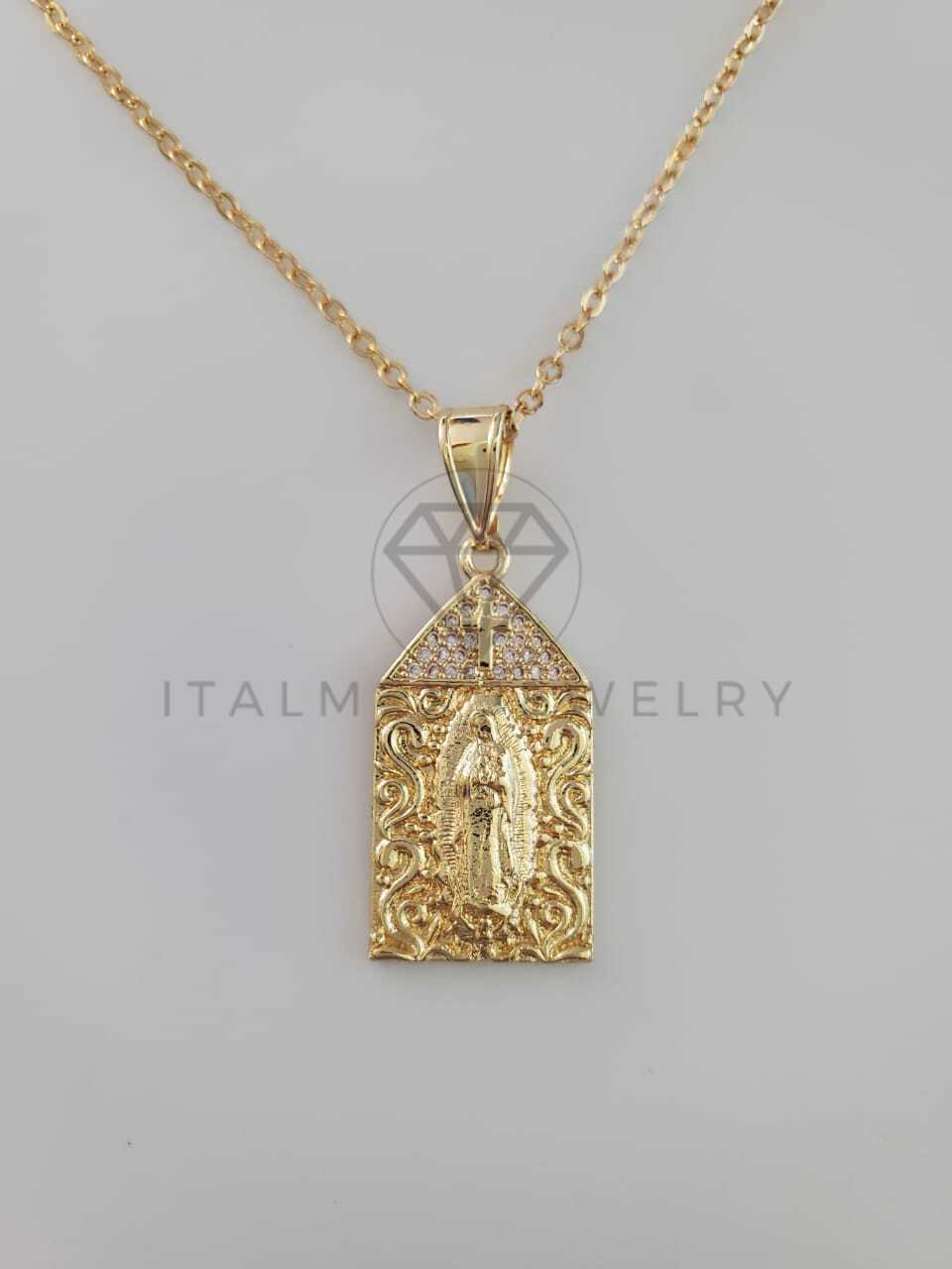 Dije Religioso - 102256 - Dije Medalla Virgen Guadalupe Cruz con CZ Blanca Oro Laminado 18K