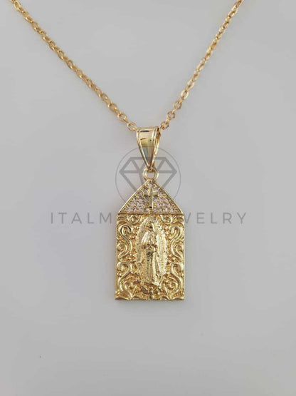 Dije Religioso - 102256 - Dije Medalla Virgen Guadalupe Cruz con CZ Blanca Oro Laminado 18K