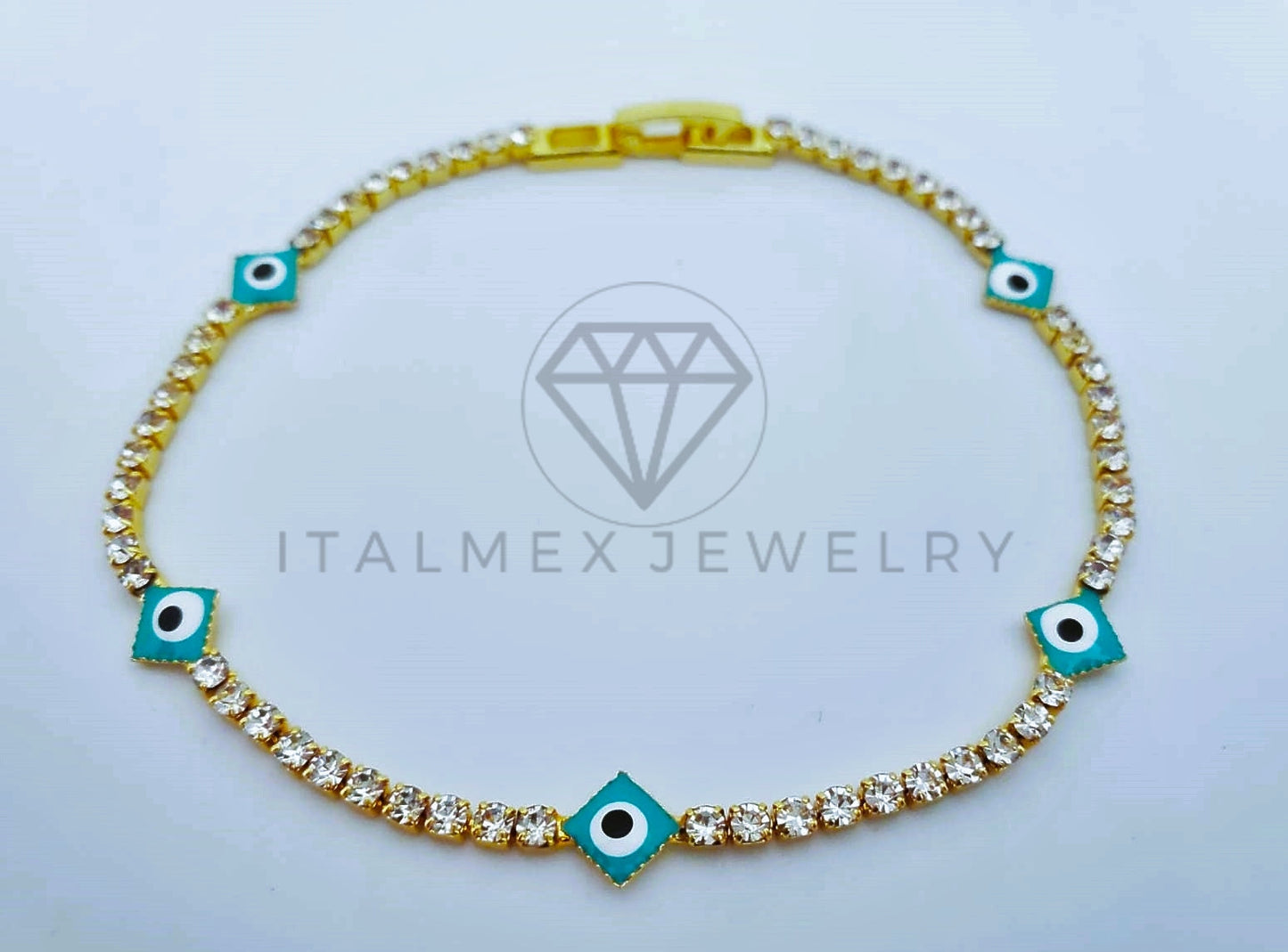 Pulsera Elegante - 103575 - Pulsera Tira CZ Clara y Ojo Turco Azul Oro Laminado 18K