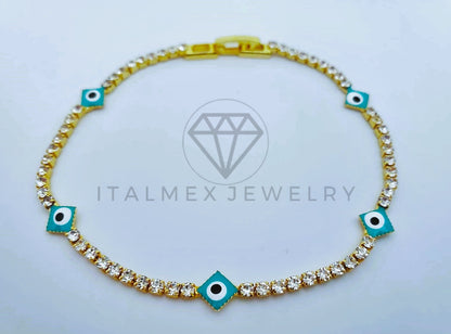 Pulsera Elegante - 103575 - Pulsera Tira CZ Clara y Ojo Turco Azul Oro Laminado 18K
