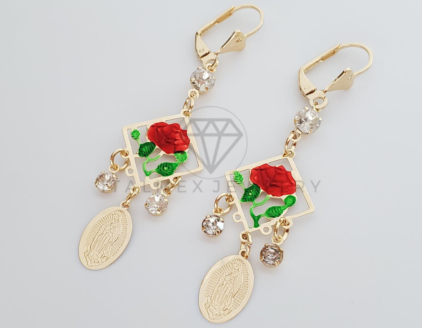Arete de Lujo - 100283 - Arete Largo Filigrana Rosa Guadalupe Oro Laminado 18K