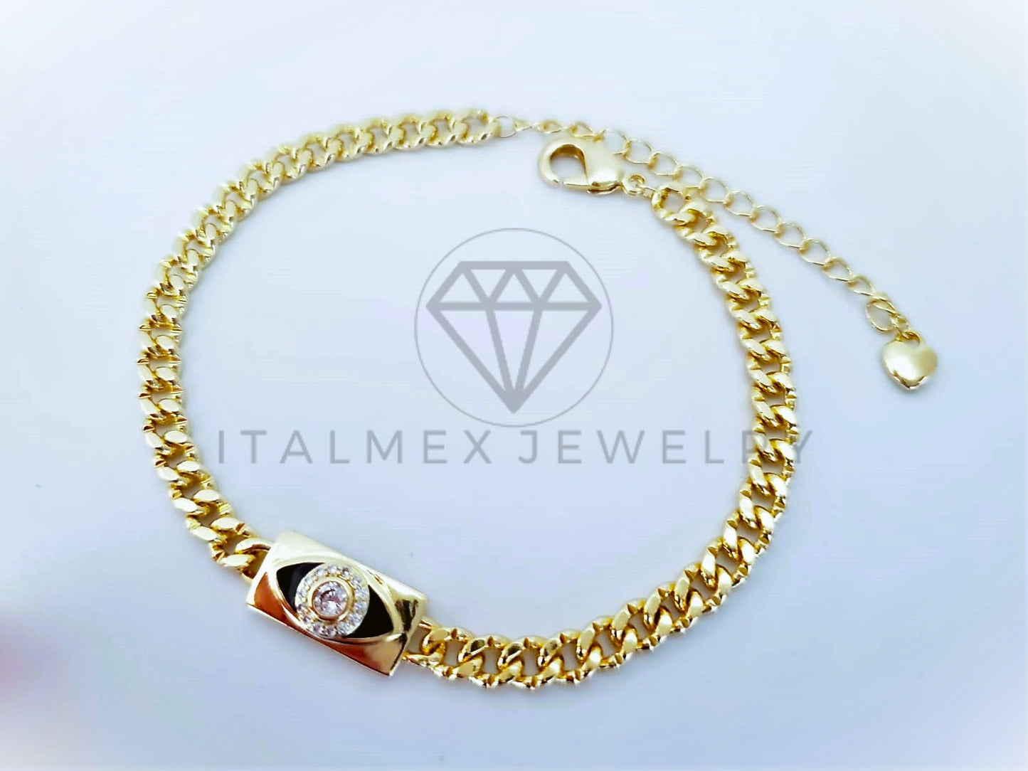Pulsera Elegante - 103602 - Pulsera Placa Ojo Turco Negro con Circonia Oro Laminado 18K