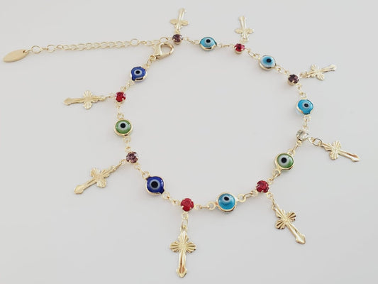 18K Gold-Plated Anklet | Crosses & Colorful CZ Evil Eye Design