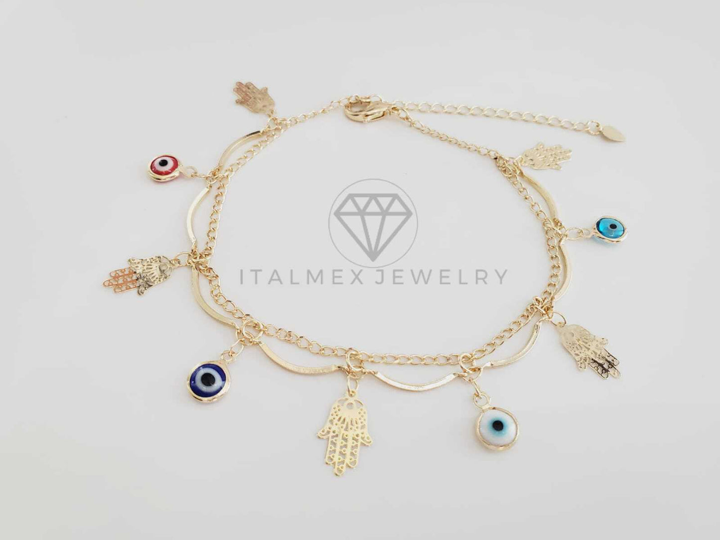 Tobillera Ajustable - 102724 - Diseño de Mano Hamsa con Ojo Turco Colores Oro Laminado 18K