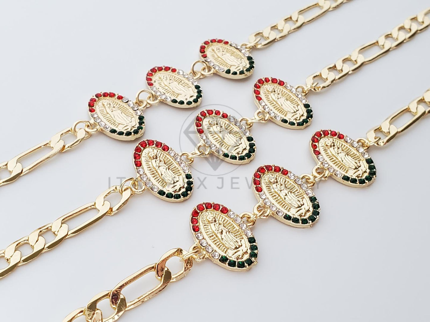 Pulsera Elegante - 100182 - Diseño de Virgen de Guadalupe Con CZ Tricolor Oro Laminado 18K