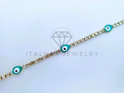 Pulsera Elegante - 103579 - Pulsera Tira CZ Clara y Ojo Turco Azul Oro Laminado 18K