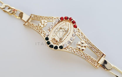 Esclava de Lujo - 101038 - Diseño Virgen de Guadalupe con CZ Tricolor Oro Laminado 18K