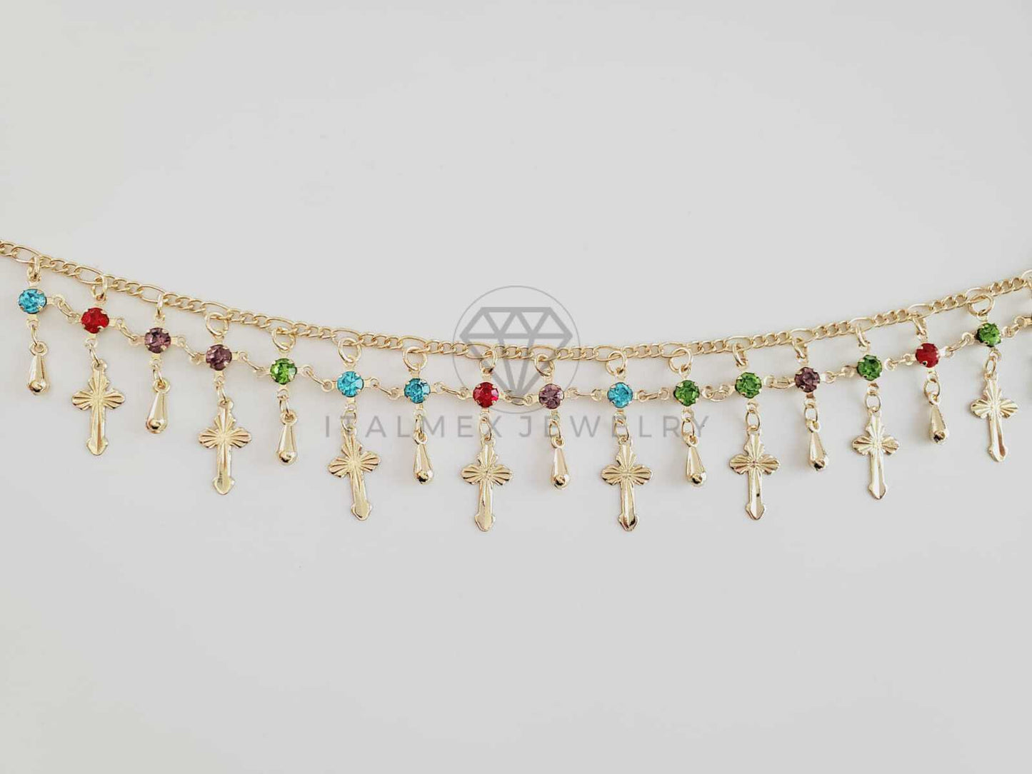 Tobillera Ajustable - 102718 - Diseño de Cruz y CZ Colores Oro Laminado 18K