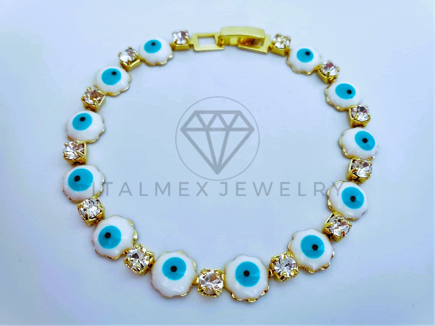 Pulsera Elegante - 103591 - Pulsera Flor Ojo Turco Blanco Oro Laminado 18K
