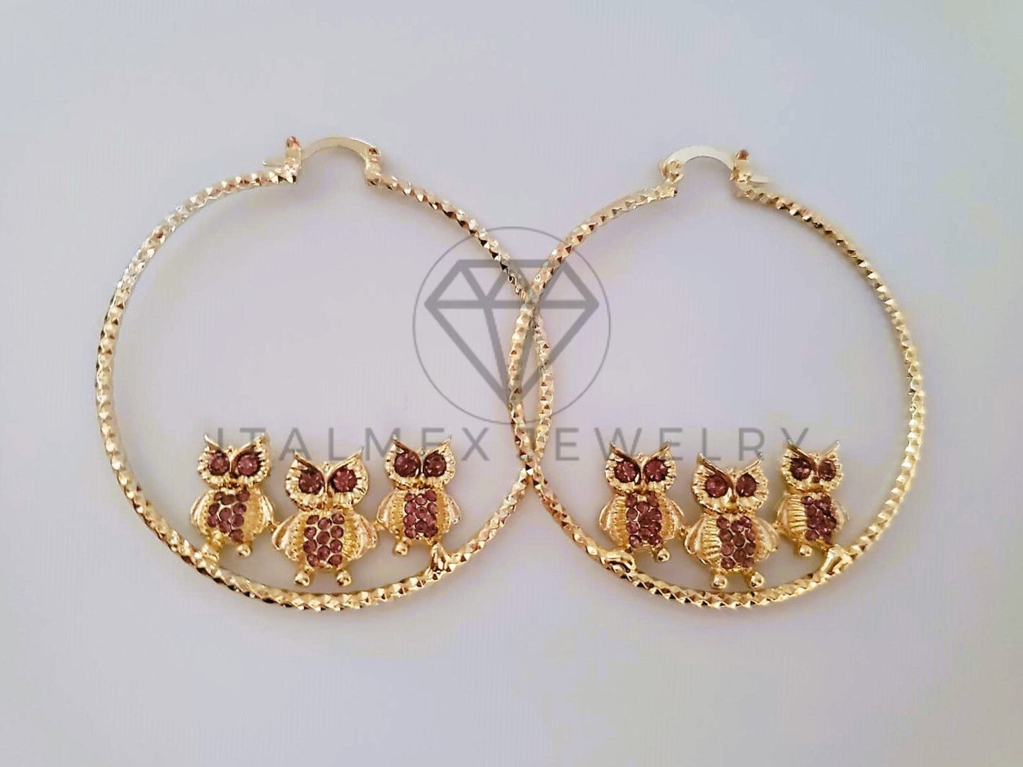 Arracada de Lujo - 104396 - Arracada Buhos CZ Rosa 50mm Oro Laminado 18K