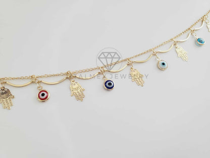 Tobillera Ajustable - 102724 - Diseño de Mano Hamsa con Ojo Turco Colores Oro Laminado 18K