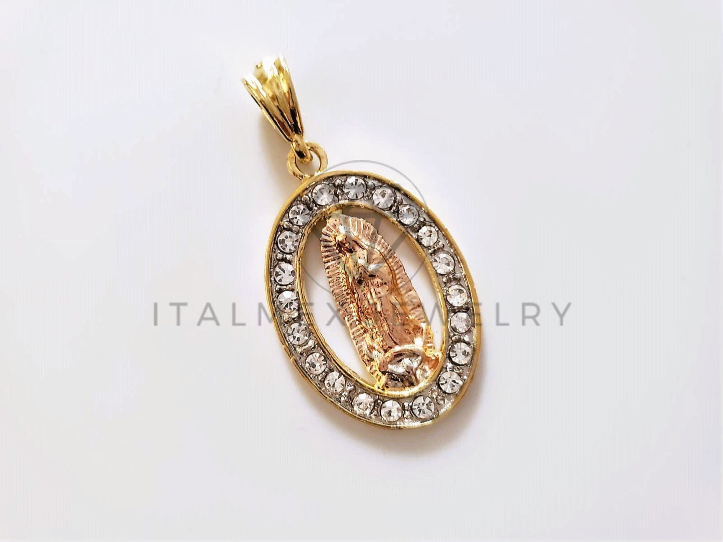 Dije Elegante - 104166 - Medalla Virgen Guadalupe Circonia Clara Oro Laminado 18K