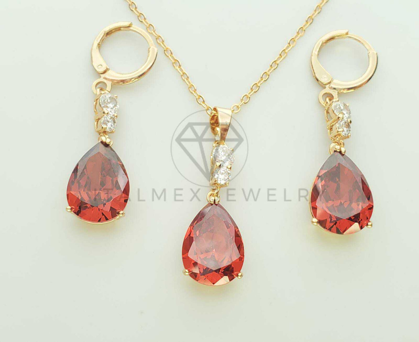 Juego de Lujo - 100641 - Diseño de CZ Gota Color Tinto Oro Laminado 18K