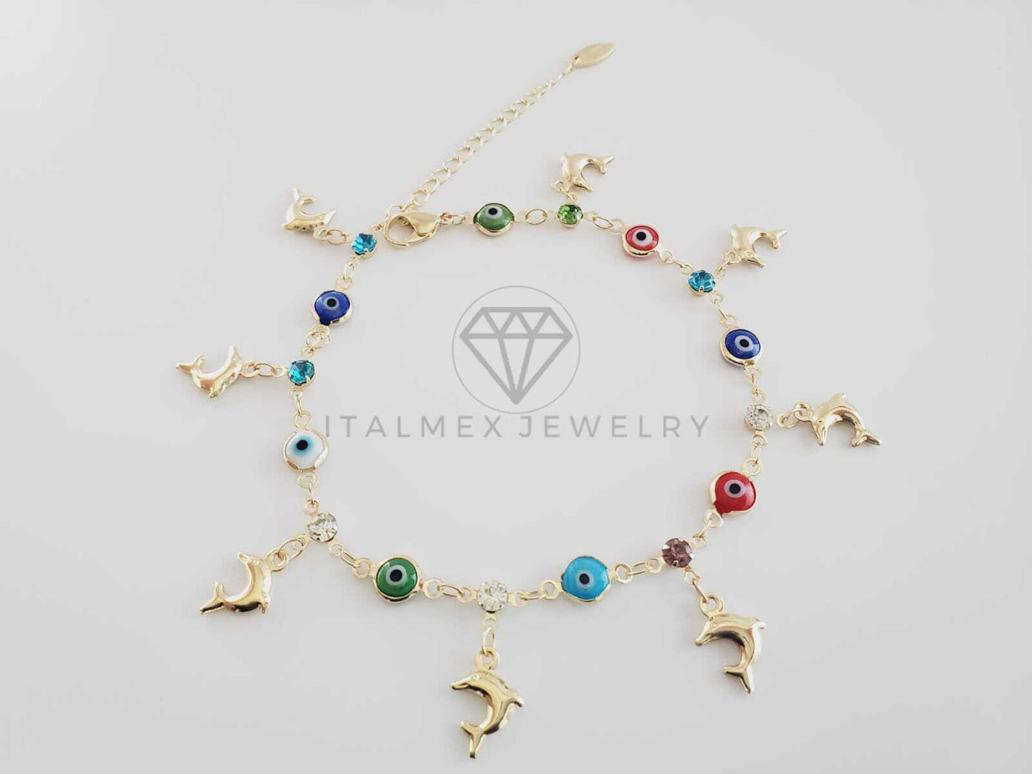 Tobillera Ajustable - 102670 - Diseño de Delfines y Ojo Turco con CZ de Colores Oro Laminado 18K